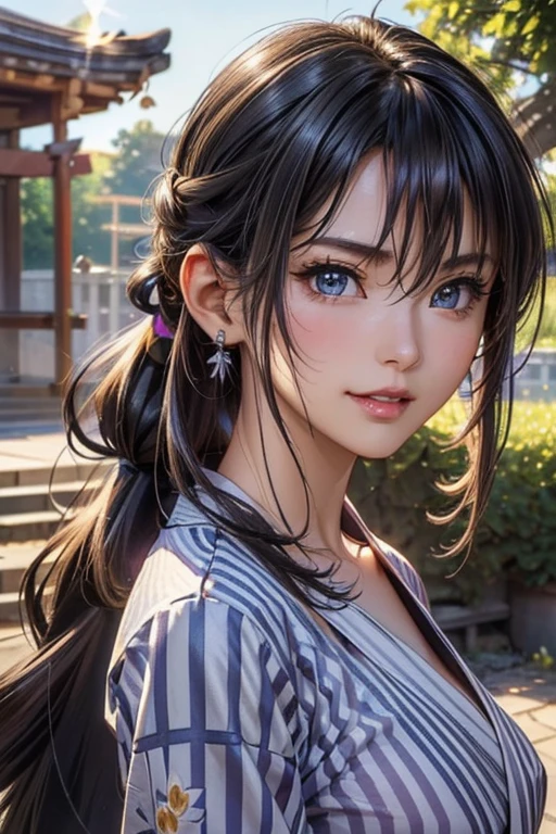 #Basics A girl is posing for a photo, animeのかわいい女の子, (((One Girl, Baby Face, 16 years old))),
break
#Clothing Accessories
((Purple and white)yukata : Stripe pattern + Blue Band + Long sleeve + Wide sleeves, ability),
(big silver necklace, Silver Earrings, Hair Clip),
break
#Features
(Purple Hair:1.4, Chest-length sideburns:1.4 + Curly Hair:1.4, Big ponytail : Hair blowing in the wind + Very long hair + Curly Hairで横に広がるボリュームのある髪 + Hair curled outward),
(Droopy eyes,blue eyes), (Small breasts),
break
#Performance
(smile),
#background environment
((noon, sunlight + shrine + Rural Scenery)),
#composition
(Engage your audience:1.4, Aggressive Pose:1.4, Cowboy Shot:1.4),
break
#Body parts elements
(Beautiful Hair,Shiny Hair),
(double eyelid, Long eyelashes),
(細かい目のPerformance, Beautiful and delicate eyes, Sparkling eyes, Eye Reflexes),
(Human Ear),
(Beautiful Nose, Thin Nose),
(Glossy Lips, Beautiful Lips, Thick lips), (Symmetrical facial features),
(Detailed skin, Textured skin, Beautiful Skin),
break
#quality
(((最高quality)), ((masterpiece)), ((Very detailed))), ((High resolution), (16K,1080P)),
(Realistic), (Anatomically correct),
((comics, anime)), (3DCG), CG illustration,
