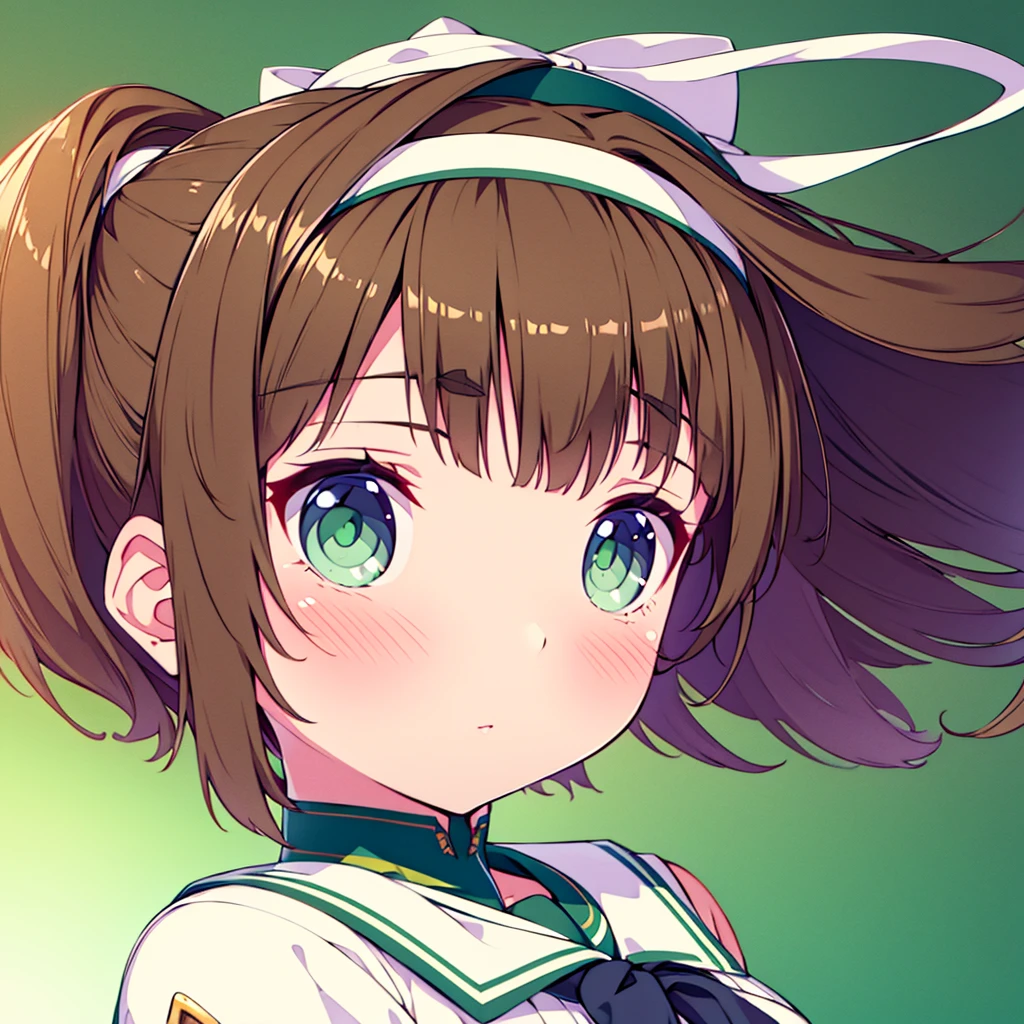 est quality,4k,highres),ultra-detailed,realistic,portraits,green eyes, long brown hair,anime style,futuristic,Y2K aesthetic,ribbon headband,small breast,futuristic sailor lolita dress,puffy full body