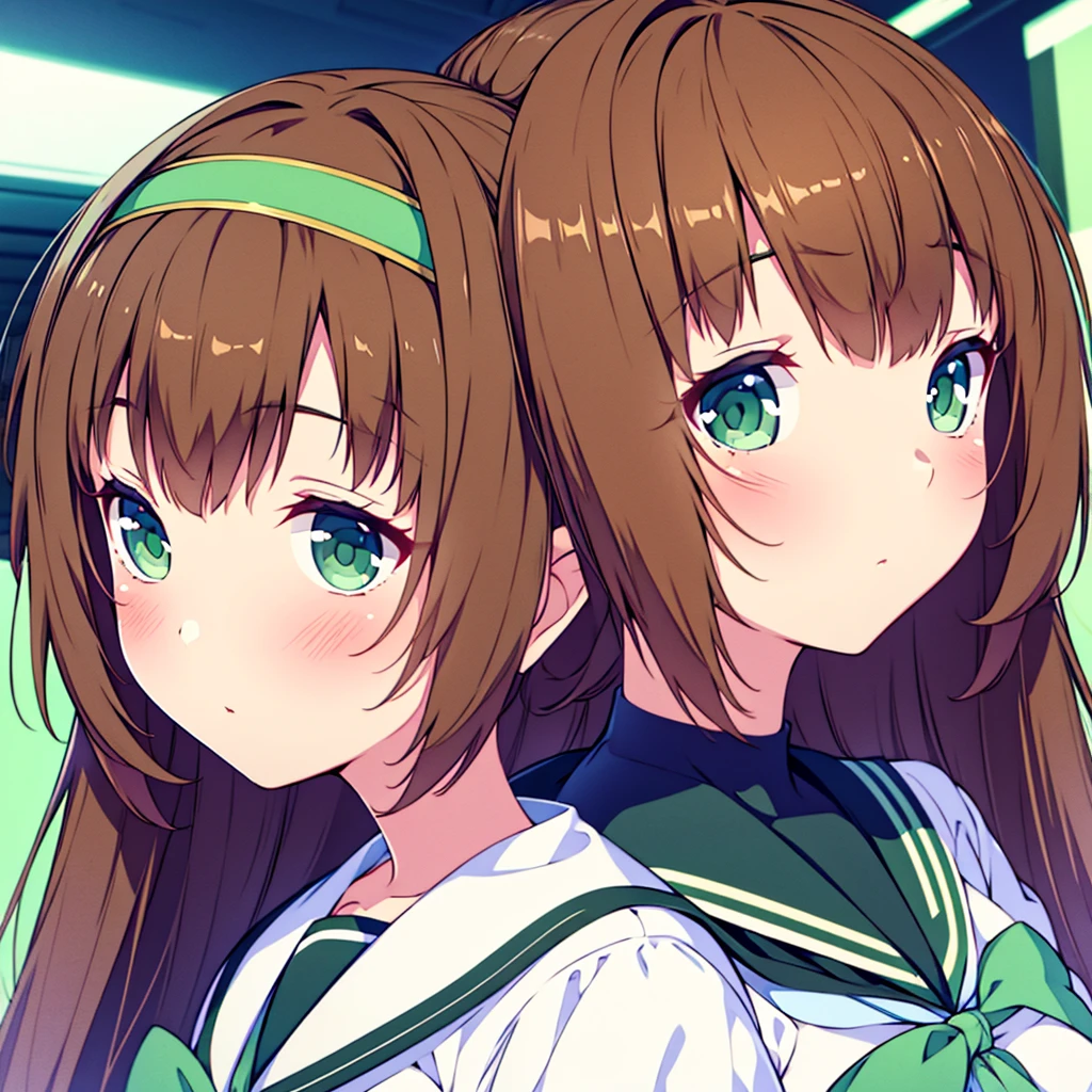 est quality,4k,highres),ultra-detailed,realistic,portraits,green eyes, long brown hair,anime style,futuristic,Y2K aesthetic,ribbon headband,small breast,futuristic sailor ta dress,puffy full body