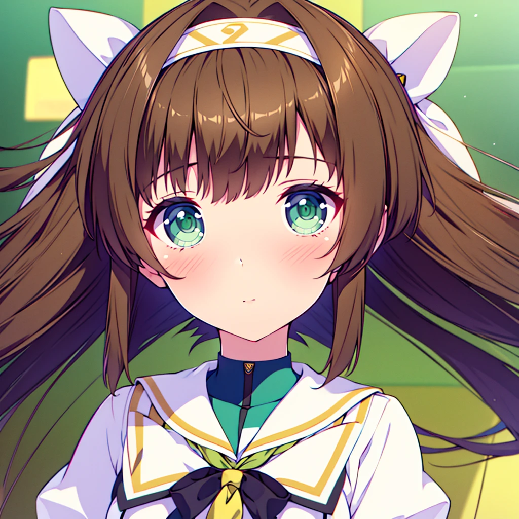 est quality,4k,highres),ultra-detailed,realistic,portraits,green eyes, long brown hair,anime style,futuristic,Y2K aesthetic,ribbon headband,small breast,futuristic sailor lolita dress,puffy full body