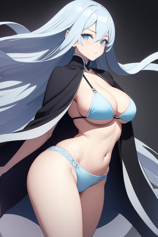 Adult elegant woman long white hair light blue eyes, big breasts and wide hips wearing a bikini