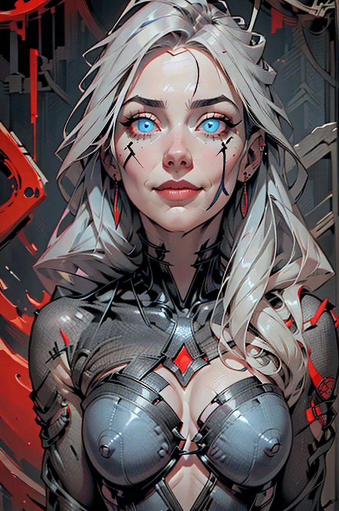 Beautiful young grey-haired woman with piercing red and blue eyes, Half smile with full lips, Black nails, Barbed wire everywhere(Wrapped in black barbed wire),Reading eyes,blue eyes, (Different eyes), (Heterochromia iridis)
