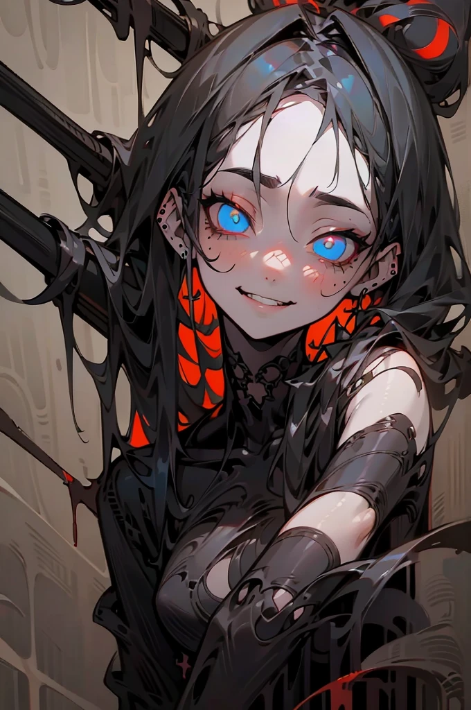 Beautiful young grey-haired woman with piercing red and blue eyes, Half smile with full lips, Black nails, Barbed wire everywhere(Wrapped in black barbed wire),Reading eyes,blue eyes, (Different eyes), (Heterochromia iridis)