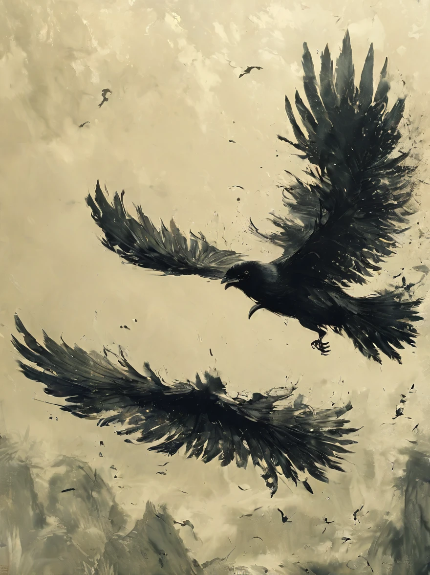 Anammo, bird, No humans, wing, feather, Solitary, flight, feathered wing, beak, spread wing, crow, Artist Name, from the side, Sky