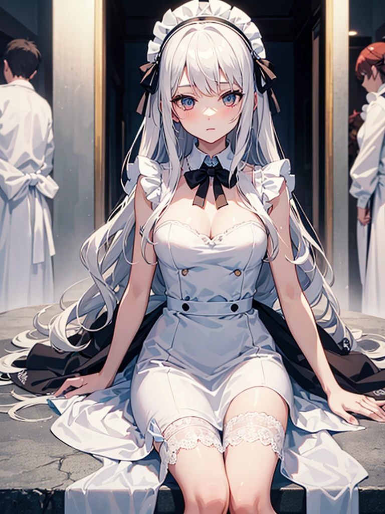 Anime, 1 girl, long wavy white hair, wearing white gown, wearing maid headband all-white