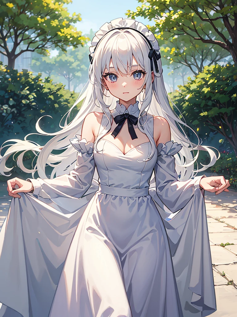 Anime, 1 girl, long wavy white hair, wearing white gown, wearing maid headband all-white