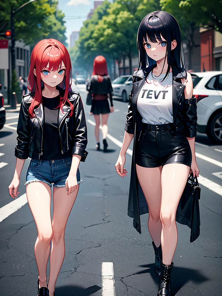 Two young girls, a young red-haired girl with blue eyes wearing a black leather jacket and a short white shirt with short blue denim shorts, and the second girl, a young girl with long black hair, blue eyes, a black leather jacket and a black shirt with short blue denim shorts., walking, dos chicas walking, chatting, chicas chatting, with his daughters, with daughters,