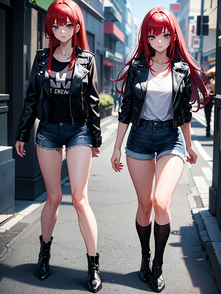 Two young girls, a young red-haired girl with blue eyes wearing a black leather jacket and a short white shirt with short blue denim shorts, and the second girl, a young girl with long black hair, blue eyes, a black leather jacket and a black shirt with short blue denim shorts., walking, dos chicas walking, chatting, chicas chatting, with his daughters, with daughters,
