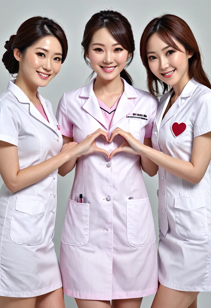 (smiling women with hands making heart shape), 3girls, Beautiful Japanese female doctor wearing white labcoat, cute Japanese female nurse wearing fitted pink nurse dress , beautiful detailed face, Japanese woman, pale skin, realistic skin, detailed cloth texture, detailed hair texture, Perfect proportion, Beautiful Face, accurate, Anatomically correct, Highly detailed face and skin texture , looking at viewer