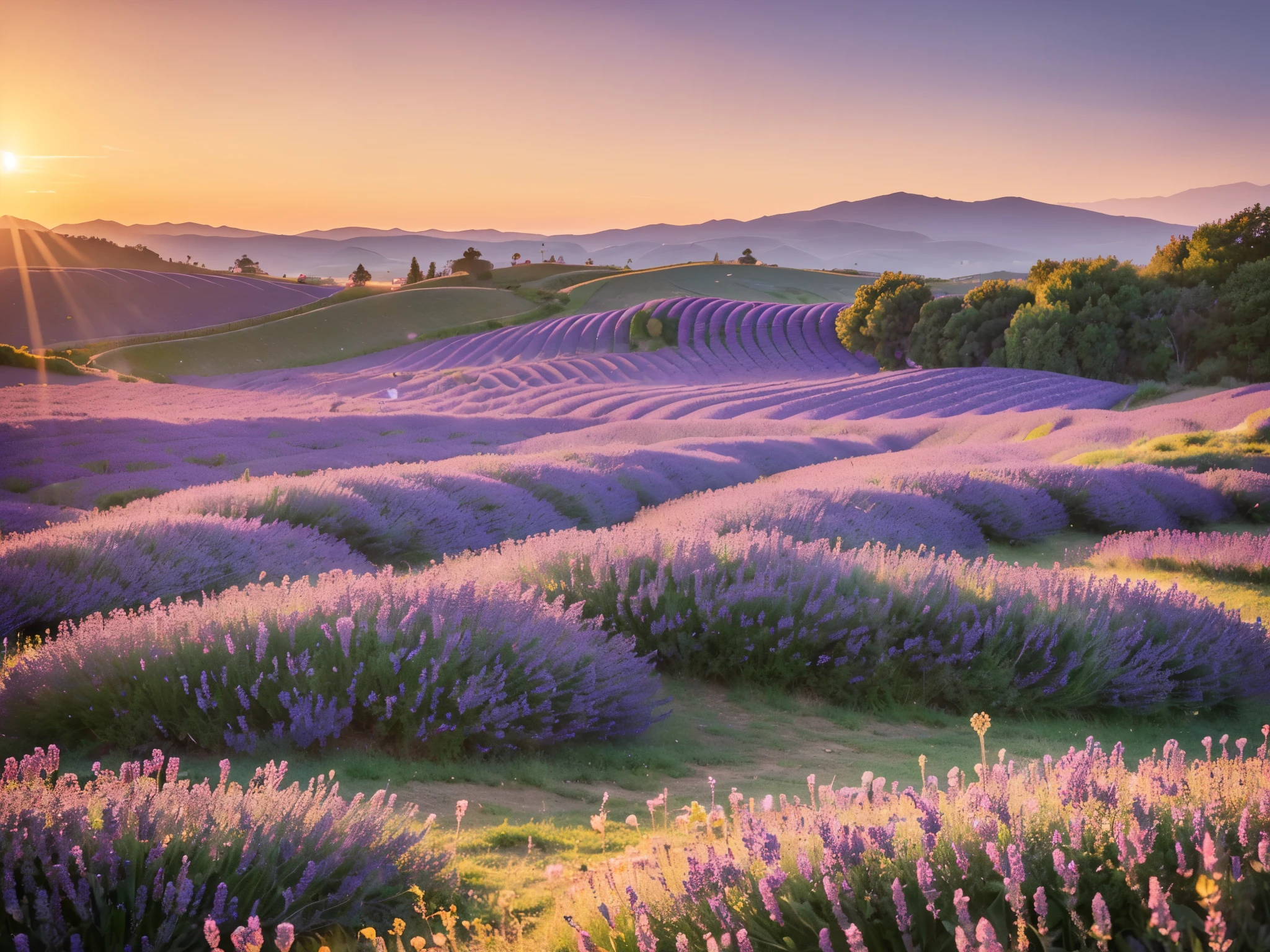 lavender field at sunset, a beautiful lavender field bathed in warm golden sunset light, detailed lavender flowers, dramatic sky with warm orange and pink hues, rolling hills in the distance, (best quality,4k,8k,highres,masterpiece:1.2),ultra-detailed,(realistic,photorealistic,photo-realistic:1.37),landscape,dramatic lighting,vibrant colors,natural scenery
