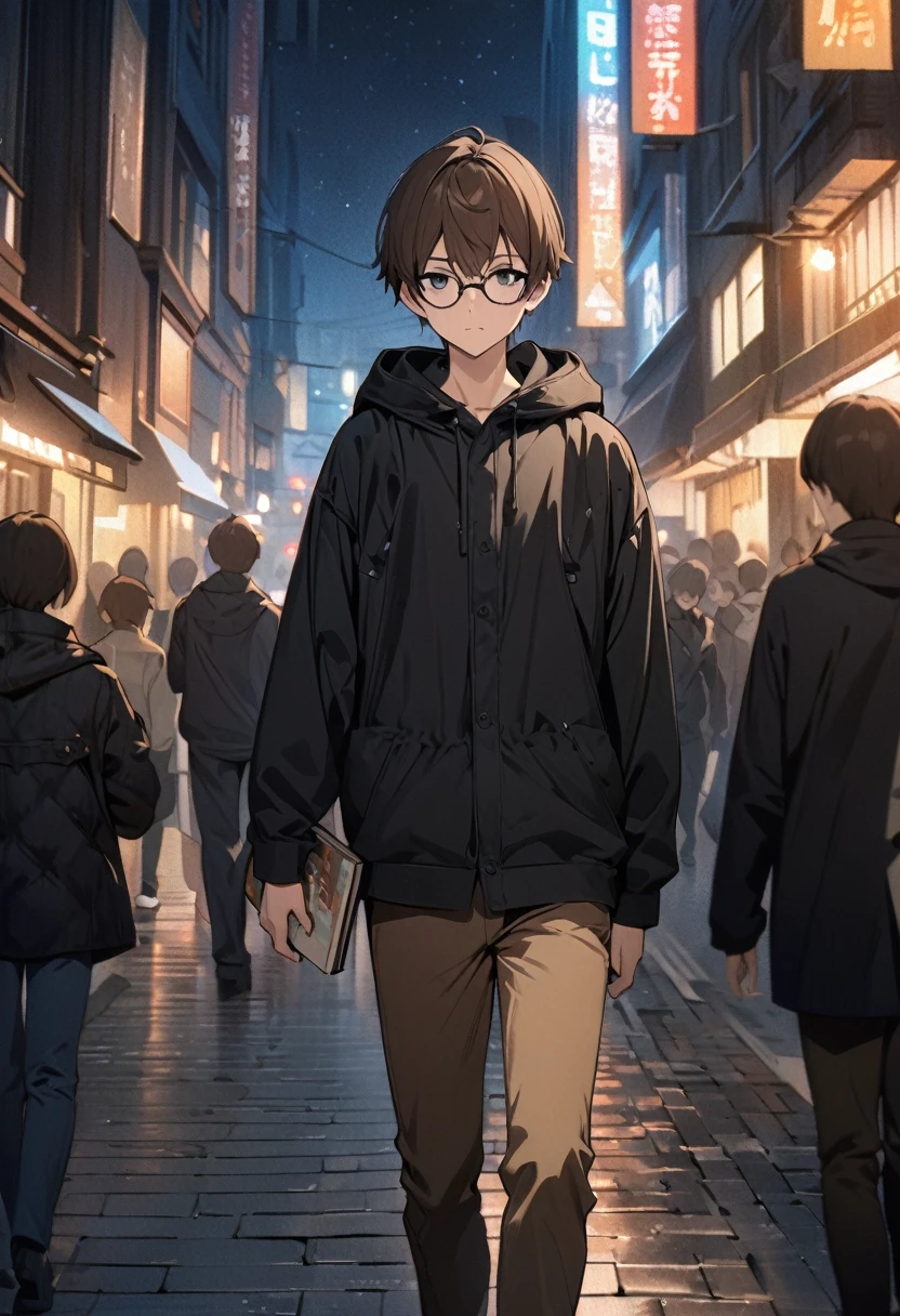 (BEST QUALITY), (MASTERPIECE), illustration, Extremely_detail, 4k wallpaper , midnight, man, black hoodie parka, brown jeans, 18 years old , brown Hair, short hair, black eyes, eye glasses, hold a book, walking on a street, smart, Background of the city