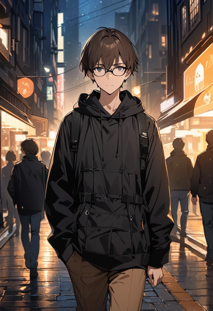 (BEST QUALITY), (MASTERPIECE), illustration, Extremely_detail, 4k wallpaper , midnight, man, black hoodie parka, brown jeans, 18 years old , brown Hair, short hair, black eyes, eye glasses, hold a book, walking on a street, smart, Background of the city