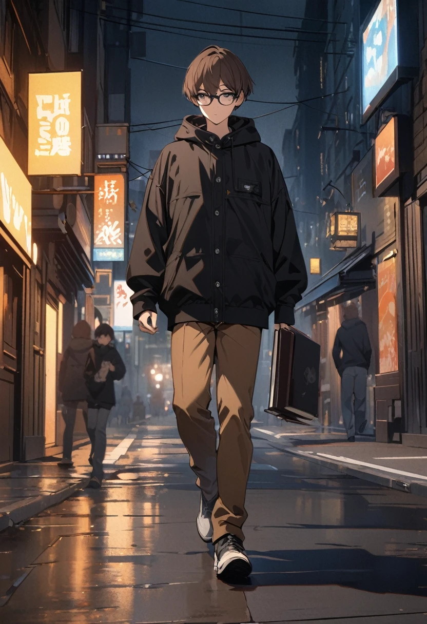 (BEST QUALITY), (MASTERPIECE), illustration, Extremely_detail, 4k wallpaper , midnight, man, black hoodie parka, brown jeans, 18 years old , brown Hair, short hair, black eyes, eye glasses, hold a book, walking on a street, smart, Background of the city