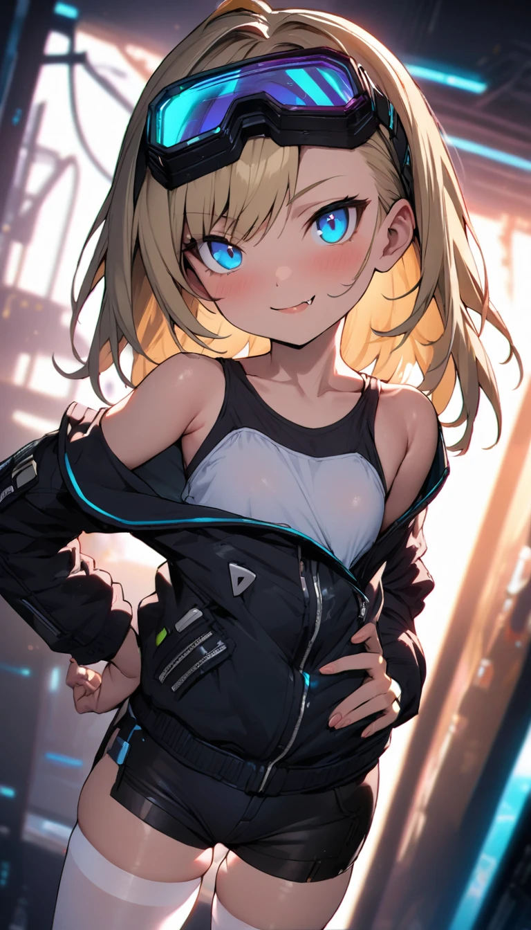 a girl, , solo,
blond hair, asymmetrical bob, blue eyes, bright eyes,
cyber punk black jacket, tank top, goggles on head, fang,
naval, off shoulder, open jacket, black shorts, garter rings, white tights,
naughty smile,
one hand on hip, blurry background, perfect lighting, perfect angle, masterpiece, best quality, extremely detailed face,