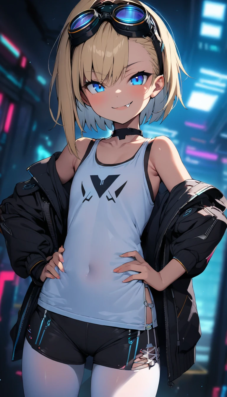 a girl, 12yo, solo,
blond hair, asymmetrical bob, blue eyes, bright eyes,
cyber punk black jacket, tank top, goggles on head, fang,
naval, off shoulder, open jacket, black shorts, garter rings, white tights,
naughty smile,
one hand on hip, blurry background, perfect lighting, perfect angle, masterpiece, best quality, extremely detailed face,