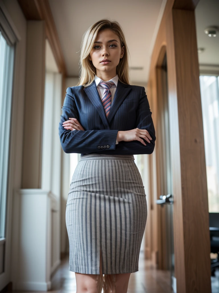 (masutepiece,High quality,16k:1.1),(depth of fields:1.3) ,((front body:1.35)), Ukrainian ,Woman, blonde,makeup,((business suit, black vertical striped pencil skirt )), voluptuous, thicc,(arms crossed:1.5) (wetting herself:1.5), (desperation:1.75),standing ,necktie peeing self, wetting her clothes