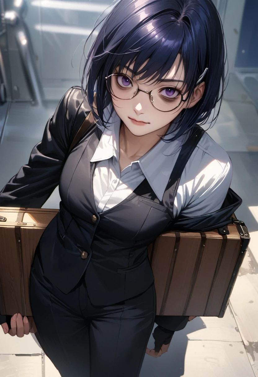 (adult), (man) ((tall)), ((ciel (tsukihime) )), masterpiece, best quality, very aesthetic, absurdres, shiny skin, Perfect face, Perfect shadowing, Perfect cloathing, skindentation, (dark blue hair)), messy fuss hair, purple eyes, colegial white shirt, black vest, glasses, ((black coat)), black cargo pants, colegial, carrying a wooden case with strap, fingerless gloves, bags under eyes, faint smile, realistic anime style.