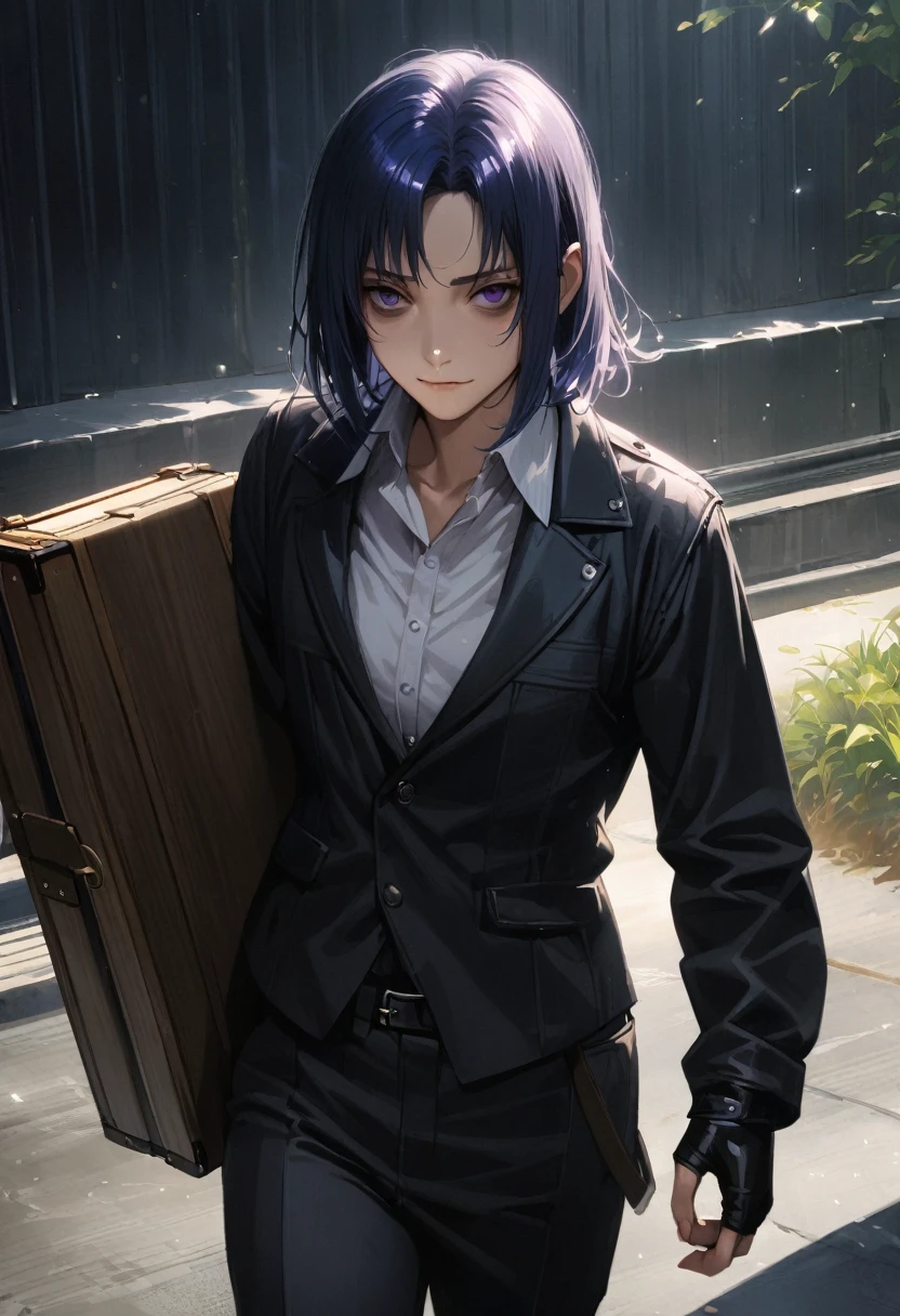 (adult), (man) ((tall)), ((ciel (tsukihime) )), masterpiece, best quality, very aesthetic, absurdres, shiny skin, Perfect face, Perfect shadowing, Perfect cloathing, skindentation, (dark blue hair)), messy fuss hair, purple eyes, colegial white shirt, black vest, glasses, ((black coat)), black cargo pants, colegial, carrying a wooden case with strap, bags under eyes, (faint smile), realistic anime style, ((draw by Asura)).