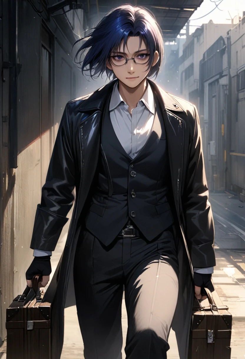 (adult), (man) ((tall)), ((ciel (tsukihime) )), masterpiece, best quality, very aesthetic, absurdres, shiny skin, Perfect face, Perfect shadowing, Perfect cloathing, skindentation, (dark blue hair)), messy fuss hair, purple eyes, colegial white shirt, black vest, glasses, ((black coat)), black cargo pants, colegial, carrying a wooden case with strap, fingerless gloves, bags under eyes, faint smile, realistic anime style.