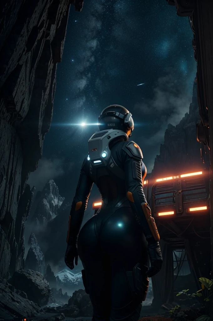 Masterpiece, highest quality, rear angle, Highly detailed photo of a (female space soldier wearing orange tight suit with some holes, helmet, with tinted face shield, rebreather, accentuated booty), athletic body, big ass, big titis [wide hips], (investigating a strange glowing alien artifact), on alien exoplanet, (mountains:1.1), (exotic rain forest), lush vibrant foliage, (two moons in the sky:0.8), (hyperdetailed, intricately detailed), background by Jessica Rossier, (sci-fi), during the day, (lens flare:0.5), (bloom:0.6), particle effects, (cinematic lighting:1.1), sharp shadows, ambient light, [bioluminescente], raytracing, photographed on a Fujifilm X-S10 Mirrorless Camera, 25mm F2.8 ultra-wide-angle lens, sharp focus, Cinestill 800T, still frame from Gravity 2013, 8k, HDR, from behind

