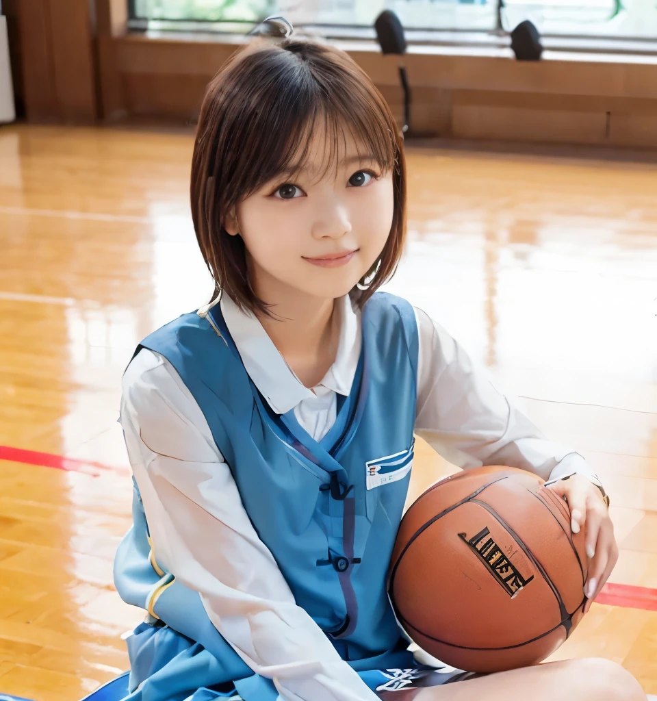 Best image quality、Highest quality、masterpiece、Ultra-high resolution、、immature、Realistic:1.4、Professional Lighting、Cute school girl、The cutest Nishino Nanase、Baby Face、Very short hair、thin、Moderate size chest cup bust、Large erect nipples、smile、(Wearing a basketball uniform、gym、Sitting on the basketball court)