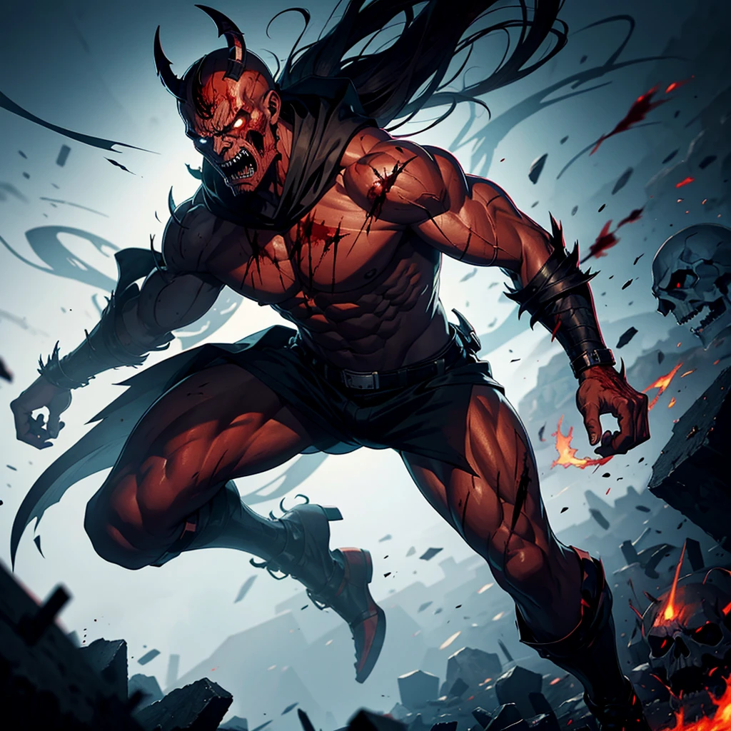 Demon man with angry face, skulls and blood, full body in fighting position
