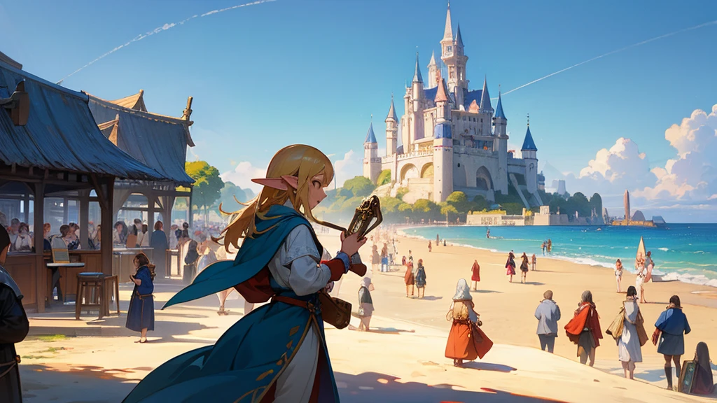 Anime Style,Nostalgic,Detailed background,The medieval world,A busy beach with lots of people,Beautiful sky,Beautiful Elf with a Bard&#39;s Smile,guitar,Large Breasts,Healthy thighs