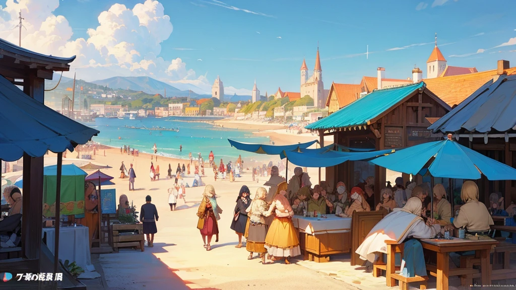 Anime Style,Nostalgic,Detailed background,The medieval world,A busy beach with lots of people,Beautiful sky,Beautiful Elf with a Bard's Smile,guitar,Large Breasts,Healthy thighs