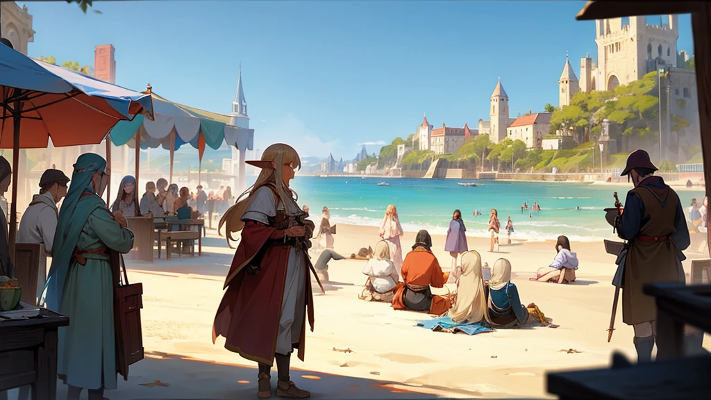 Anime Style,Nostalgic,Detailed background,The medieval world,A busy beach with lots of people,Beautiful sky,Beautiful Elf with a Bard&#39;s Smile,guitar,Large Breasts,Healthy thighs