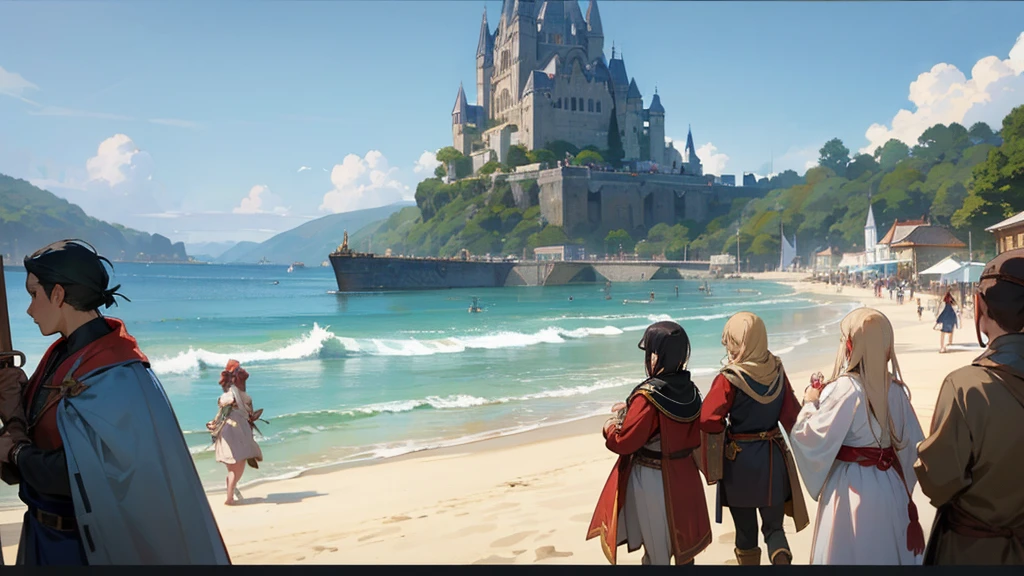 Anime Style,Nostalgic,Detailed background,The medieval world,A busy beach with lots of people,Beautiful sky,Beautiful Elf with a Bard&#39;s Smile,guitar,Large Breasts,Healthy thighs