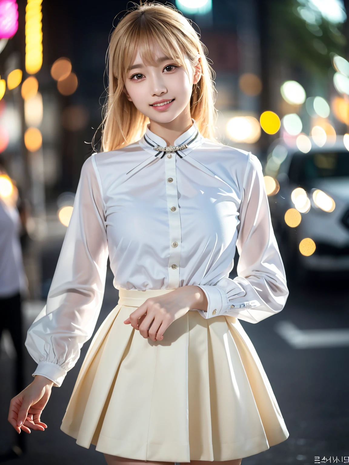 (table top:1.3), (8K, realistic, raw photo, best quality: 1.4), Japanese, (1 girl), beautiful face, (realistic face), (black hair), beautiful hairstyle, realistic eyes, beautiful detailed eyes, (realistic skin), beautiful skin, attractive, Super high resolution, surrealism, very detailed, golden ratio、 Show me from your hips to your shoulders, beautiful detailed skin, (cute:1.2), (black hair), ((JPOP idols)), (upper thigh:0.6), (depth of field),soft light, lens glow, looking at viewer, (droopy eyes:1.2), straight teeth,laugh, floating hair, (blond hair:1.2), brown eyes, movie scene, cinematic, full color, 4K, 8K, 16K, raw photo, table top, Professionally color graded, professional photography, split,High school girls, head up, Think,(sweat,sigh)1.2,(blush,dehisce)1.3,Soft Clean Focus, realistic 조명 및 음영, (Very delicate and beautiful art)1.3, elegant,Active Angle,dynamic pose, realistic, (one pretty girl:1.1), highest resolution, very clear, sharp focus, ,cosplay, slim, transparent white cloth,gray hair, high ponytail, (Off-white damask long-sleeve shirt dress:1.3), (Thom Browne Design Dress:1.4), (very detailed 배경, detailed background: 1.3), bokeh, depth of field, china city street, There is no one in the background,(Flip the skirt、pink panties:1.1)