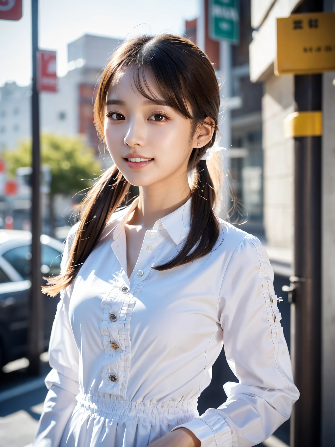 A slight smil、NSFW、((cammel toe))、(Female genitals:1.1)、extremely detailed CG Unity、8k wallpaper、top-quality、ultra-detailliert、masterpiece、realisitic、Photo Real、extremely detailed cute girl、20yr old、(Skirt Lift Up)、(skirt lift by yourself))、pantiy、red blush、cparted lips、looking at the viewers、Semi-body shot、Wearing a ruffled shirt、crowd、Crowded city
