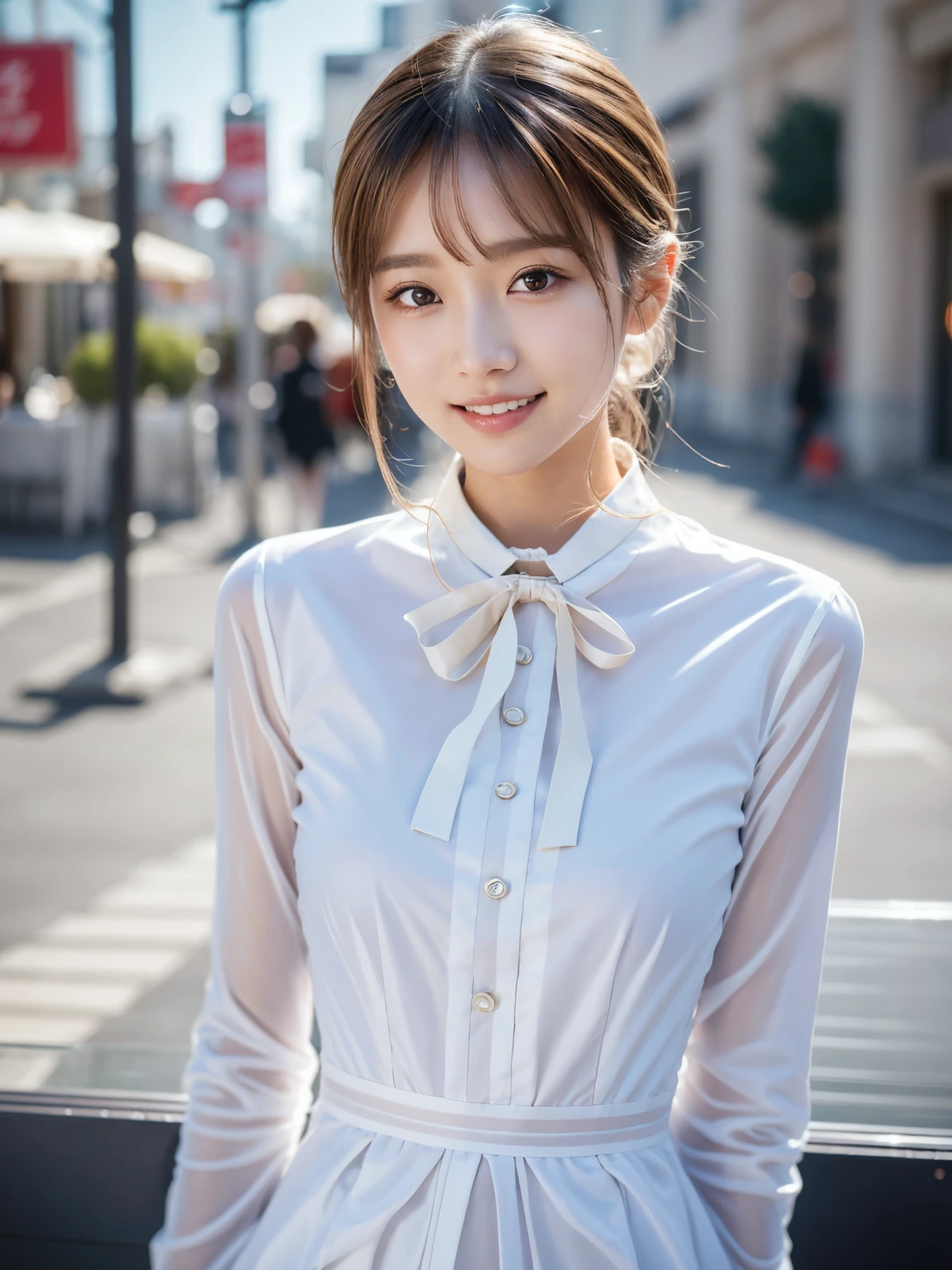 (table top:1.3), (8K, realistic, raw photo, best quality: 1.4), Japanese, (1 girl), beautiful face, (realistic face), (black hair), beautiful hairstyle, realistic eyes, beautiful detailed eyes, (realistic skin), beautiful skin, attractive, Super high resolution, surrealism, very detailed, golden ratio、 Show me from your hips to your shoulders, beautiful detailed skin, (cute:1.2), (black hair), ((JPOP idols)), (upper thigh:0.6), (depth of field),soft light, lens glow, looking at viewer, (droopy eyes:1.2), straight teeth,laugh, floating hair, (blond hair:1.2), brown eyes, movie scene, cinematic, full color, 4K, 8K, 16K, raw photo, table top, Professionally color graded, professional photography, split,High school girls, head up, Think,(sweat,sigh)1.2,(blush,dehisce)1.3,Soft Clean Focus, realistic 조명 및 음영, (Very delicate and beautiful art)1.3, elegant,Active Angle,dynamic pose, realistic, (one pretty girl:1.1), highest resolution, very clear, sharp focus, ,cosplay, slim, transparent white cloth,gray hair, high ponytail, (Off-white damask long-sleeve shirt dress:1.3), (Thom Browne Design Dress:1.4), (very detailed 배경, detailed background: 1.3), bokeh, depth of field, china city street, There is no one in the background,(Flip the skirt、pink panties:1.1)