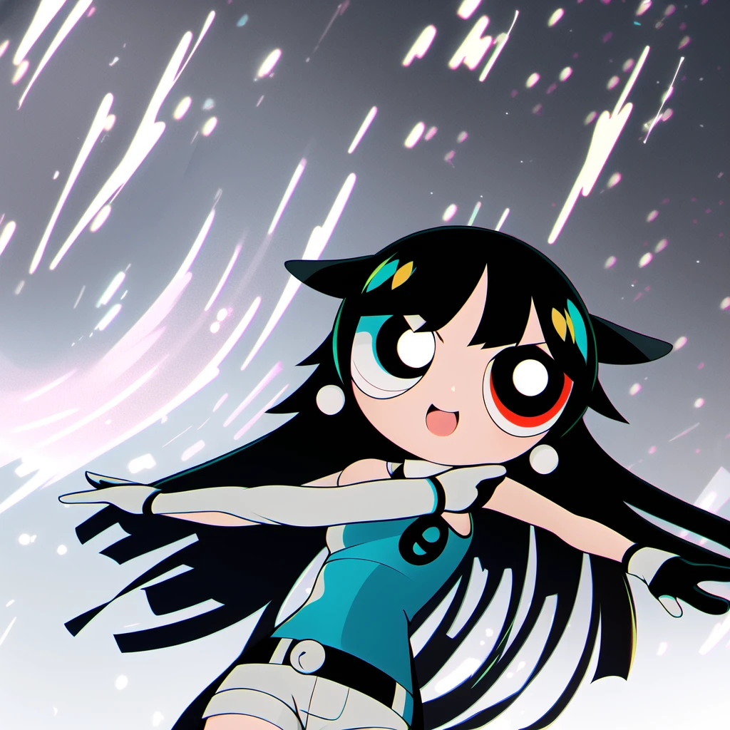 jianxindef, (long hair, gradient hair, black hair:1.3), chibi, 1girl, multicolored hair , red eyes, white hair, gloves, jewelry, black shorts, asymmetrical gloves, (upper body),