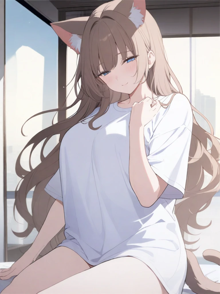 masterpiece, best quality, high quality, beautiful anime character, solo, anime girl with brown hair, soft hair, long hair, blue eyes, cat ears, big breasts, mature female, tall female, big girl, thick, (calming face, light smile, loving eyes), indoors, (white oversized t-shirts, white panties), cat tail, legs, sleepy, bottomless,