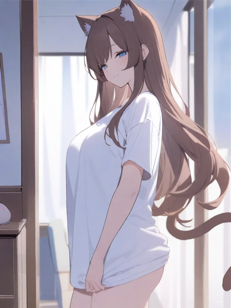 masterpiece, best quality, high quality, beautiful anime character, solo, anime girl with brown hair, soft hair, long hair, blue eyes, cat ears, big breasts, mature female, tall female, big girl, thick, (calming face, light smile, loving eyes), indoors, (white oversized t-shirts, white panties), cat tail, legs, sleepy, bottomless,