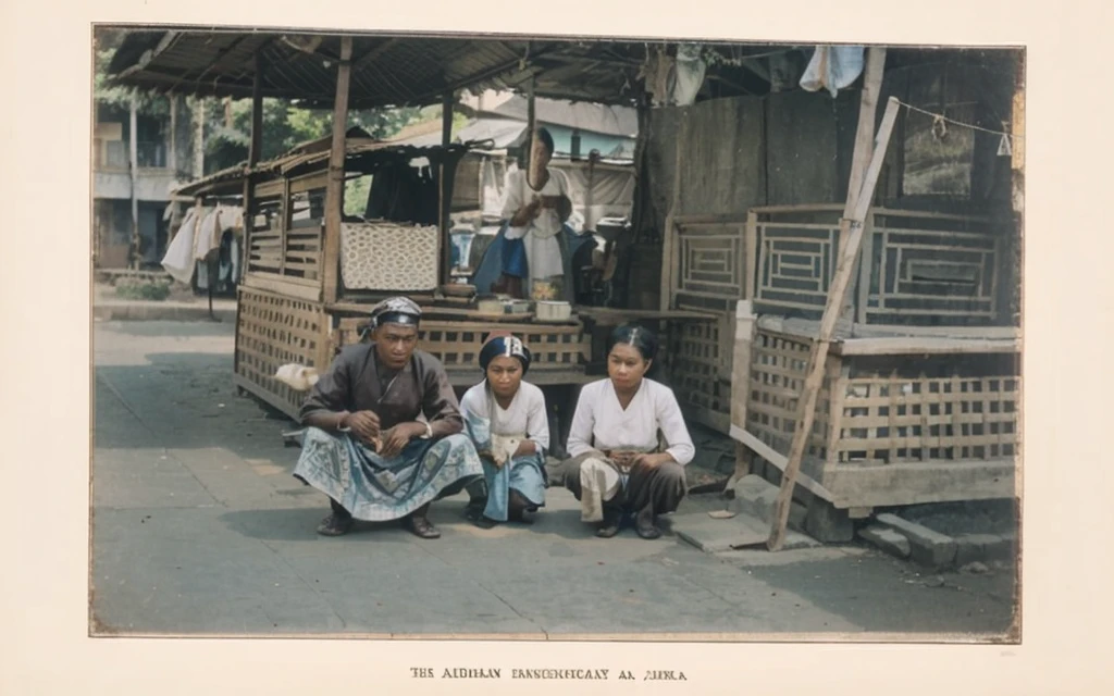 The image is vintage color photograph featuring a java man and two java women in traditional clothing sitting on the ground.