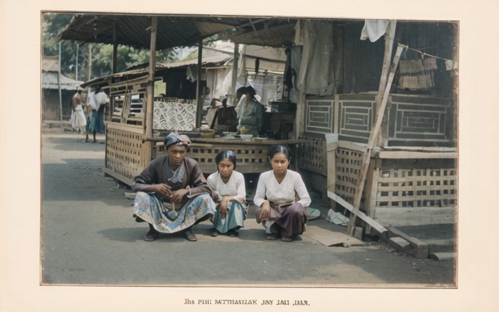  The image is vintage color photograph featuring a java man and two java women in traditional clothing sitting on the ground.
