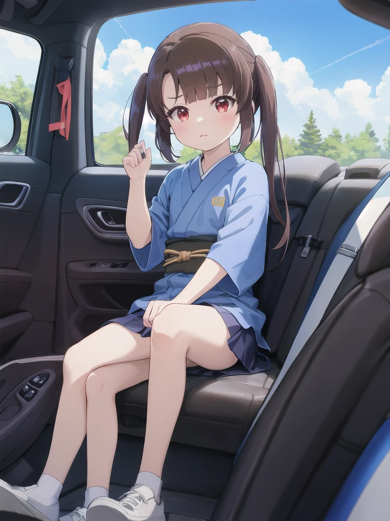 Dilapidated and dark Japanese-style room,blue sky,cloud,In the car,sports car,,Driving,indoor,1 Girl, 独奏, Red eyes,Black sunglasses, Twin tails, brown hair,crawling,((顔 focus)),upper bodyアロハシャツ, bangs, eyebrows visible through hair, Flat Chest,