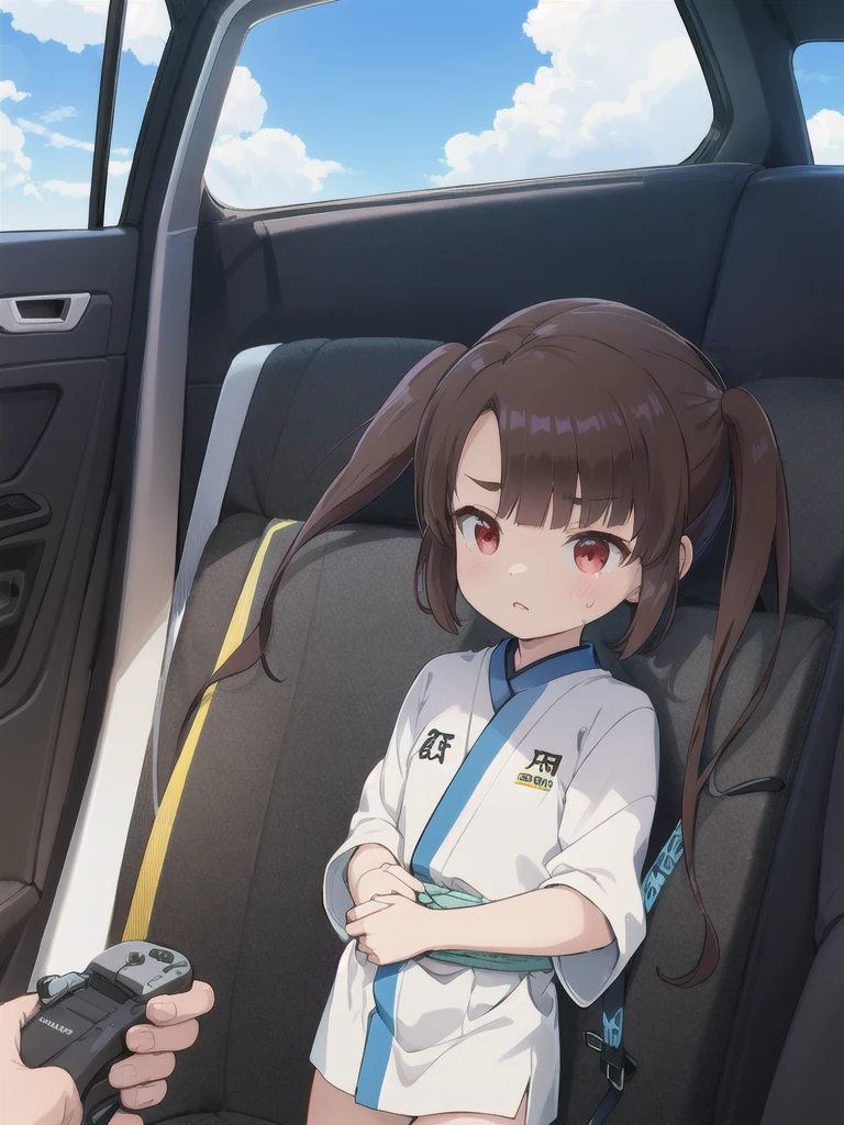 Dilapidated and dark Japanese-style room,blue sky,cloud,In the car,sports car,,Driving,indoor,1 Girl, 独奏, Red eyes,Black sunglasses, Twin tails, brown hair,crawling,((顔 focus)),upper bodyアロハシャツ, bangs, eyebrows visible through hair, Flat Chest, 