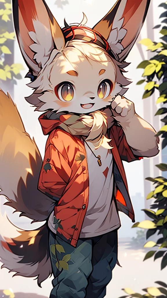Depth of Field，Perfect lighting，Light Particles，（best quality），（Top quality）（masterpiece），（Very detailed），Clear focus，Light Particles，Genji，Eyegod，Brown_Eye，watch_exist_audience，Smile，Solitary，hairy的，animal_ear_Brushed，Open_clothing，arctic fox，White，hairy，red fox，Shirao，Long Tail，Golden necklace，Sunlight，The Tree，