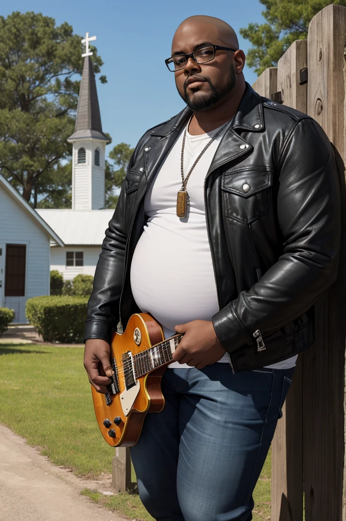 a man with dark skin, fat (overweight), bald (shaved head), black beard, medium height, with square-rimmed glasses, wearing rocker-style clothing with a black leather jacket without a shirt underneath and pants tight jeans with a chain on the front and a cloth hanging on the back and wearing black combat boots, playing the Gibson Les Paul Standard guitar, with a prominent posture in front of an isolated and small white church surrounded by a white wooden fence in a deserted terrain, front view, full body, close-up