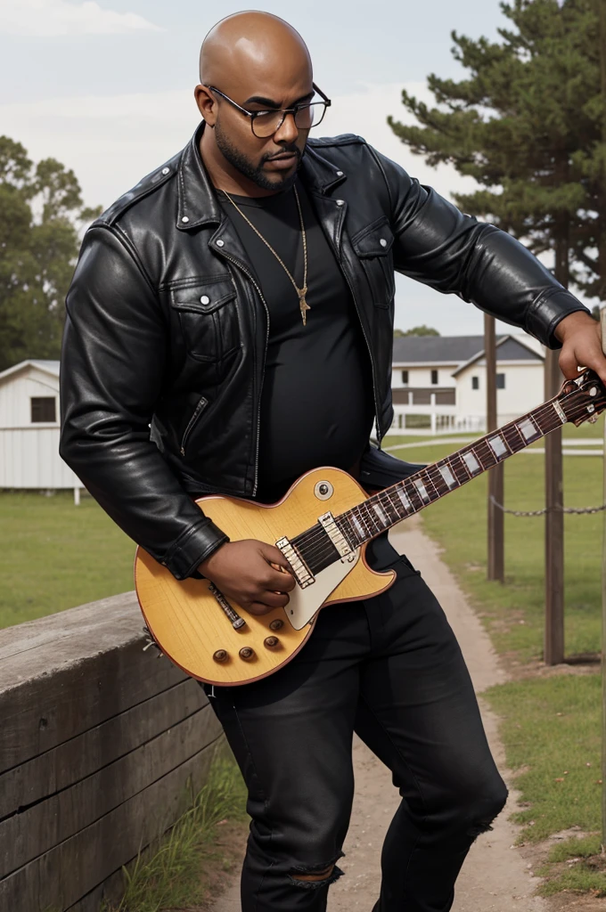 a man with dark skin, fat (overweight), bald (shaved head), black beard, medium height, with square-rimmed glasses, wearing rocker-style clothing with a black leather jacket without a shirt underneath and pants tight jeans with a chain on the front and a cloth hanging on the back and wearing black combat boots, playing the Gibson Les Paul Standard guitar, with a prominent posture in front of an isolated and small white church surrounded by a white wooden fence in a deserted terrain, front view, full body, close-up