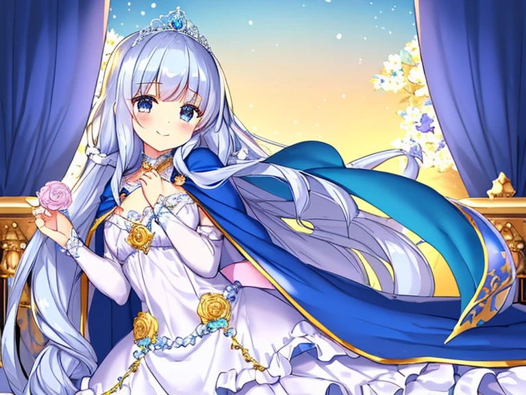 best quality,(long train blue cape:1.15),(long train white ball gown with floral decoration:1.15), a girl is wearing a cape over her dress, anime style, rococo style, little princess, tiara, kind smile, very long hair, small breast, perfect fingers, masterpiece
