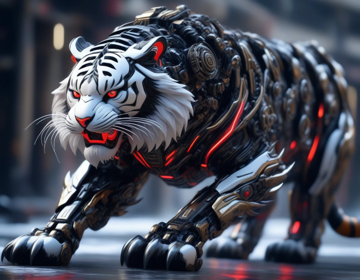 Ultra-realism, ((Masterpiece)), ((Best Quality)), (Very Detailed), ((Very Detailed)), 4K, (8K), very aesthetic, absurdres highres, Draw a futuristic robotic tiger. This Tiger's design combines organic elements with advanced mechanical elements. Tigers have white fur with black stripes and a slim, strong physique. Parts of the body are based on natural cat anatomy, while other parts have mechanical features such as exposed gears, metal plates, and red glowing elements, The claws are sharp and have red glowing energy flowing through them. action pose, dynamic angle,
