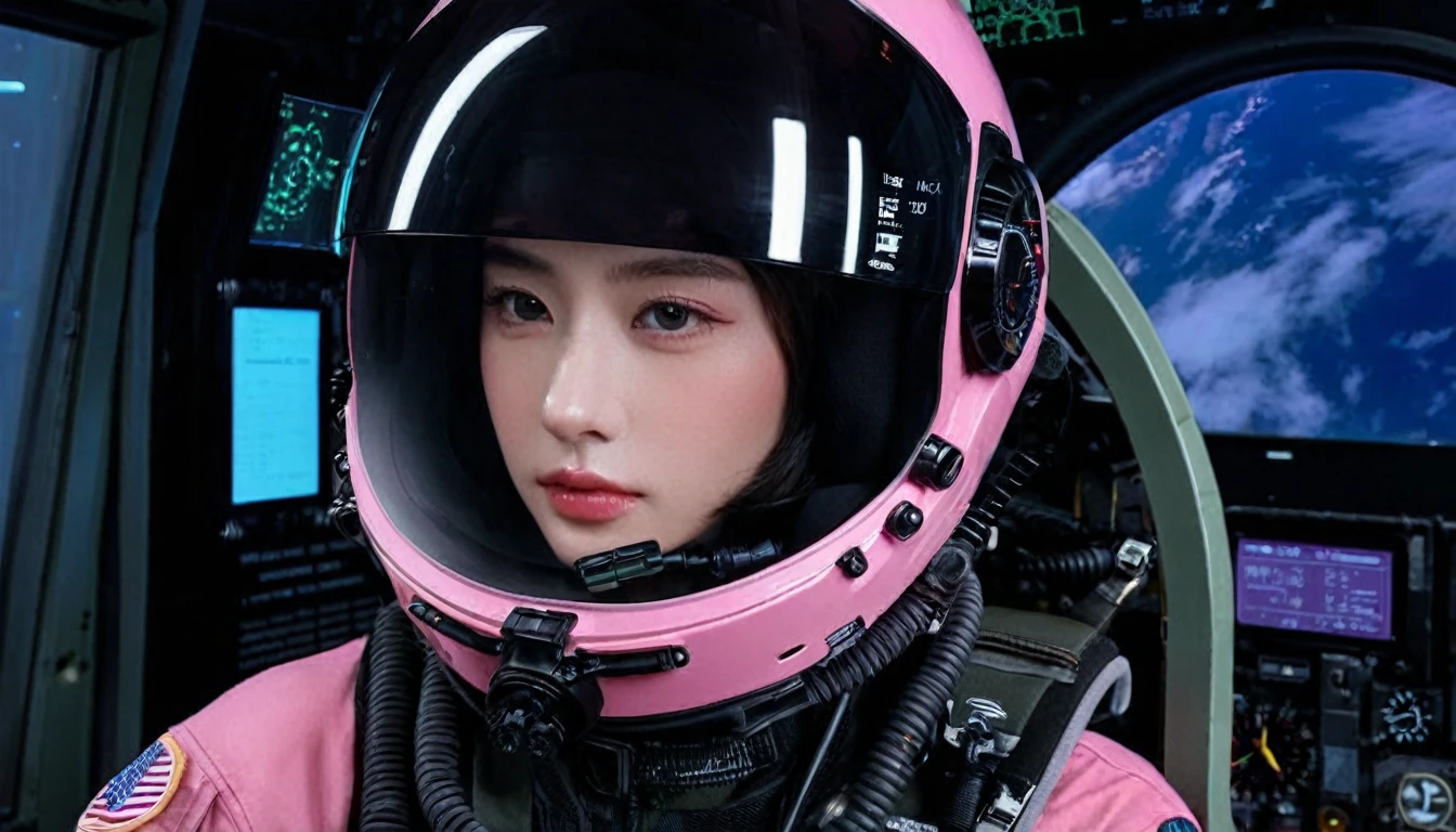One girl, (Beautiful Face), Female fighter jet pilot, Holding a pilot pink helmet with LED interactive screen and HUD head up display on the visor, Visor-displayed targeting system, Communication Systems, Glasses、Close the visor, Sexy pose, Floating Hair, Are standing, (Upper thigh shot:1.3), DT Helmets, Pink combat suit, Advanced Fighter Background, (Intricate details), High resolution, (Intricate details, Ultra-detailed:1.2), Cinematic shots, ((masterpiece, high quality, 最high quality, Official Art, Beautiful and aesthetic, Detailed face, Glasses)