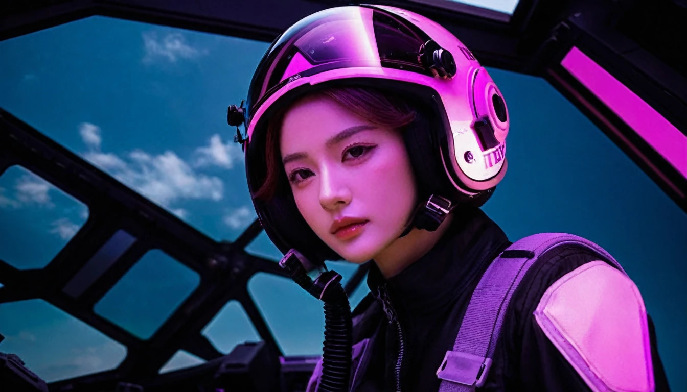 One girl, (Beautiful Face), Female fighter jet pilot, Holding a pilot pink helmet with LED interactive screen and HUD head up display on the visor, Visor-displayed targeting system, Communication Systems, Glasses、Close the visor, Sexy pose, Floating Hair, Are standing, (Upper thigh shot:1.3), DT Helmets, Pink combat suit, Advanced Fighter Background, (Intricate details), High resolution, (Intricate details, Ultra-detailed:1.2), Cinematic shots, ((masterpiece, high quality, 最high quality, Official Art, Beautiful and aesthetic, Detailed face, Glasses)