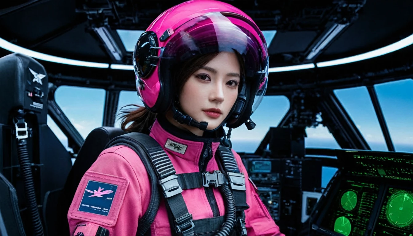 One girl, (Beautiful Face), Female fighter jet pilot, Holding a pilot pink helmet with LED interactive screen and HUD head up display on the visor, Visor-displayed targeting system, Communication Systems, Glasses、Close the visor, Sexy pose, Floating Hair, Are standing, (Upper thigh shot:1.3), DT Helmets, Pink combat suit, Advanced Fighter Background, (Intricate details), High resolution, (Intricate details, Ultra-detailed:1.2), Cinematic shots, ((masterpiece, high quality, 最high quality, Official Art, Beautiful and aesthetic, Detailed face, Glasses)
