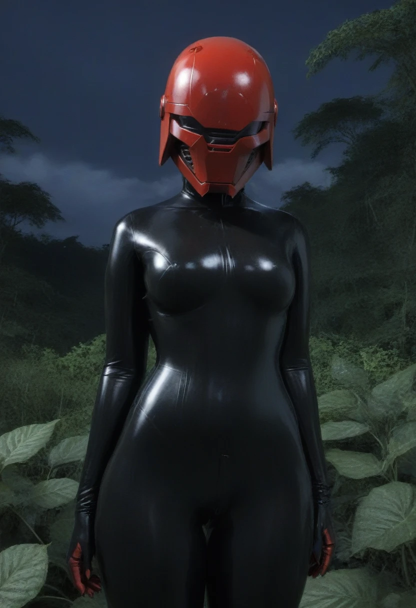 zPDXL, source_anime, BREAK Trilla, helmet with red visor, , armor,black gloves,tight bodysuit,,black pants, BREAK close-up, solo, standing, front view, medium breasts, , wide hips, BREAK x3dce, 3d, jungle background, dense vegetation, rain, night, night sky,
