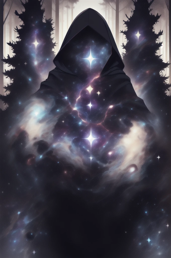 dark celestialskin body , void cosmic body, colored skin, flat color, jet black skin, white cloak, hood on, open book infront, silhouette,1boy,
portrait, upper body,in a forest ,